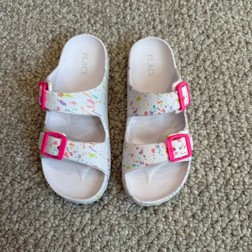The Children's Place Girls Paint‎ Splatter Double Strap Buckle Slides Size 2